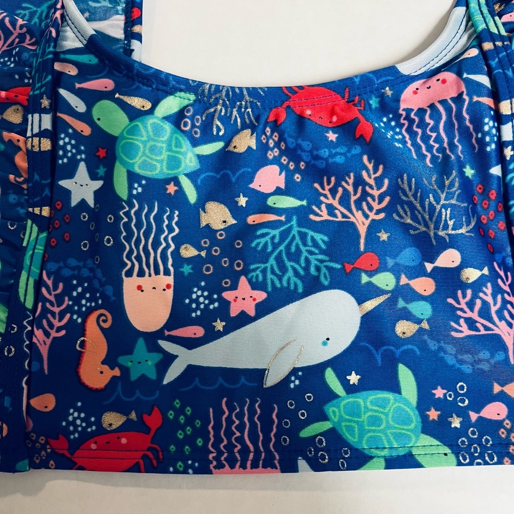 Cat & Jack Girls Blue Bikini with Ocean Print and Ruffles.        SIZE L (10-12) - Picture 7 of 12